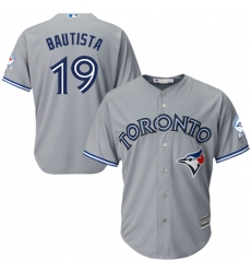 Men's Majestic Toronto Blue Jays #19 Jose Bautista Replica Grey Road 40th Anniversary Patch MLB Jersey