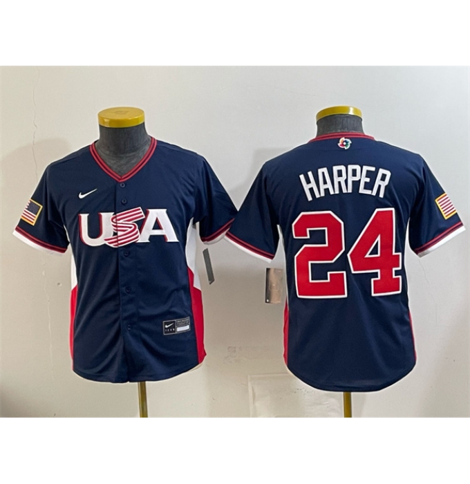 Youth USA Baseball #24 Bryce Harper Navy 2026 World Baseball Classic Stadium Stitched Baseball Jersey