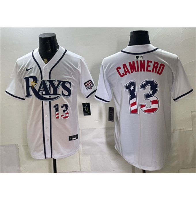 Men's Tampa Bay Rays #13 Junior Caminero White 2026 USA 250 Fourth of July Home Stitched Baseball Jersey