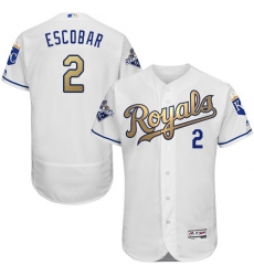 Men's Majestic Kansas City Royals #2 Alcides Escobar Authentic White 2015 World Series Champions Gold Program FlexBase MLB Jersey