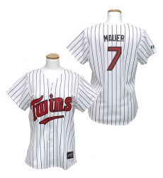 Women's Majestic Minnesota Twins #7 Joe Mauer Authentic White/Blue Strip MLB Jersey