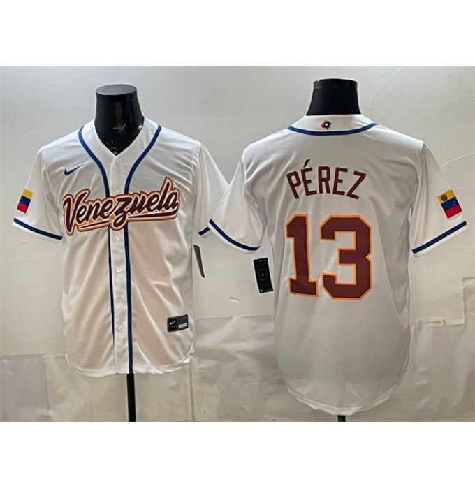 Men's Venezuela Baseball #13 Salvador Pérez White 2026 World Baseball Classic Home Stadium Stitched Jersey