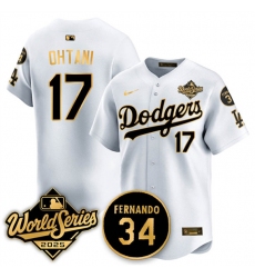 Men's Los Angeles Dodgers #17 Shohei Ohtani White Gold 2025 World Series With No.34 Limited Stitched Baseball Jersey
