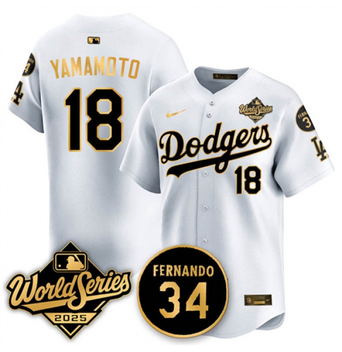 Men's Los Angeles Dodgers #18 Yoshinobu Yamamoto White Gold 2025 World Series With No.34 Limited Stitched Baseball Jersey