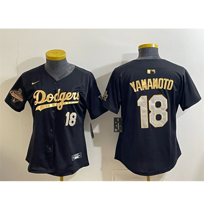 Women's Los Angeles Dodgers #18 Yoshinobu Yamamoto Black Gold 2025 World Series Champions Limited Stitched Baseball Jersey(Run Small)