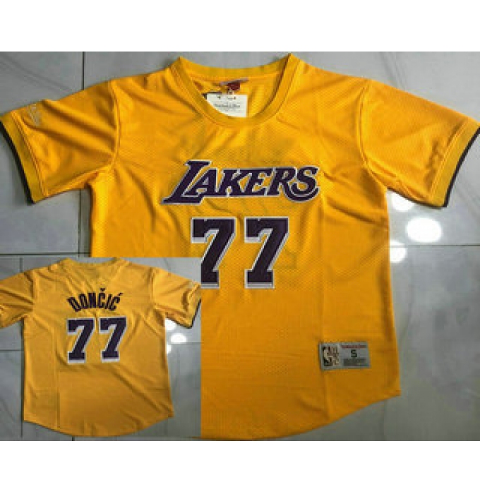 Men's Los Angeles Lakers #77 Luka Doncic Yellow Short Sleeved AU Throwback Jersey