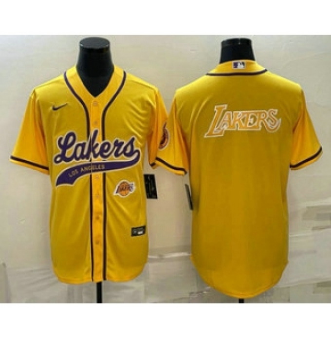 Men's Los Angeles Lakers Yellow Big Logo With Cool Base Stitched Baseball Jerseys