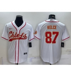 Men's Kansas City Chiefs #87 Travis Kelce White With Patch Cool Base Stitched Baseball Jersey