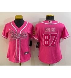 Women's Kansas City Chiefs #87 Travis Kelce Pink With Patch Cool Base Stitched Baseball Jersey